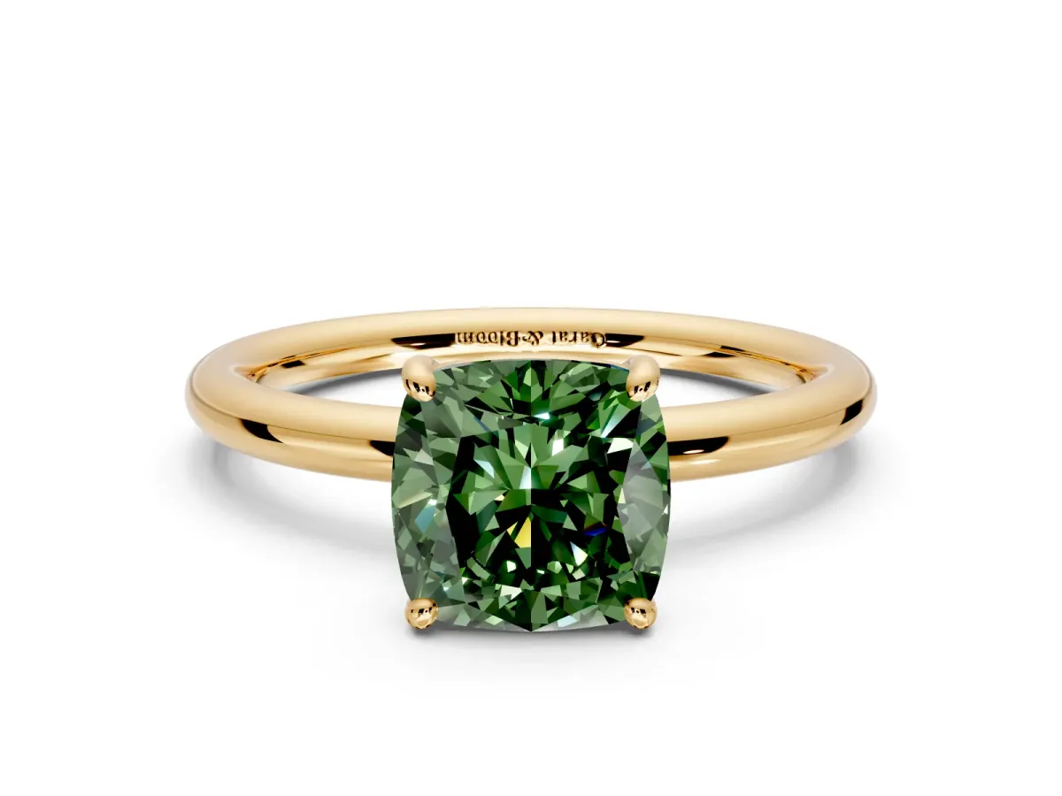 Low-Set Solitaire Engagement Ring Setting for Fancy Green Cushion Cut Center with Thin Plain Band and Prong Head in Yellow Gold
