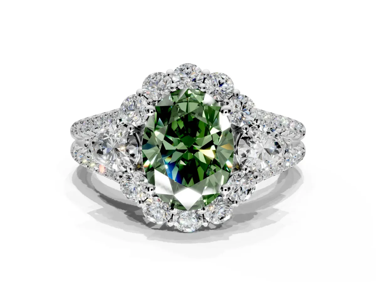 Halo Engagement Ring Setting for Fancy Green Oval Center with Two-Strand Split Shank and Prong Head in White Gold