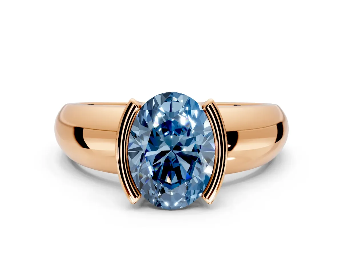 Tension Engagement Ring Setting for Fancy Blue Oval Center with Wide Flat Band and Tension Head in Rose Gold