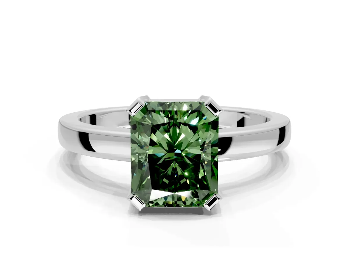 Solitaire Engagement Ring Setting for Fancy Green Radiant Cut Center with Plain Band and Flat Tab Prong Head in White Gold