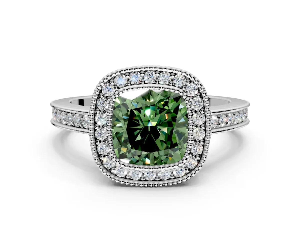 Halo Engagement Ring Setting for Fancy Green Cushion Cut Center with Milgrain Halo, Pave Band and Prong Head in White Gold