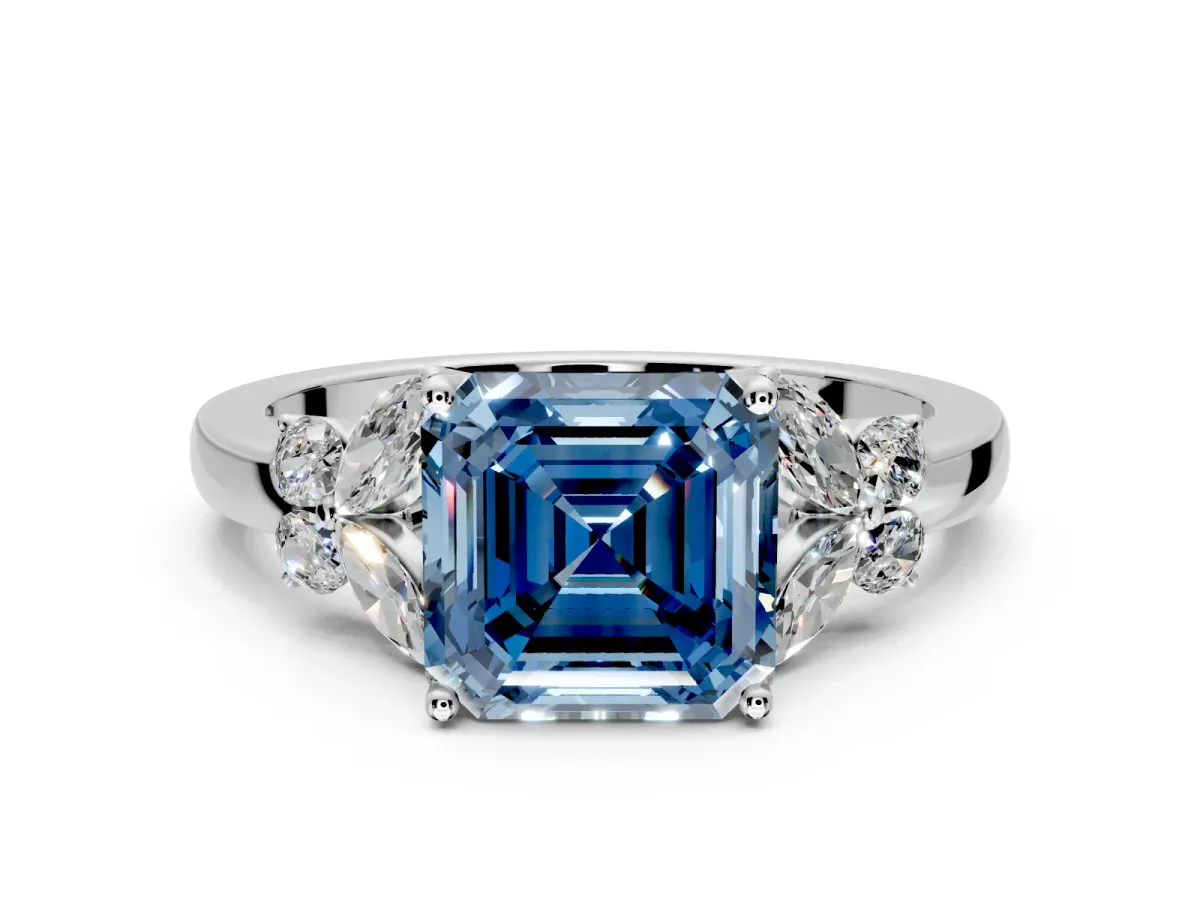 Solitaire Engagement Ring Setting for Fancy Blue Asscher Cut Center with Marquise Flower Shoulders and Prong Head in White Gold