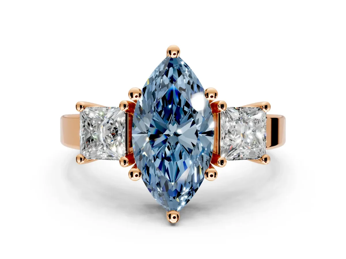 3 Stone Engagement Ring Setting for Fancy Blue Marquise Center with Matching Side Accents and Prong Head in Rose Gold