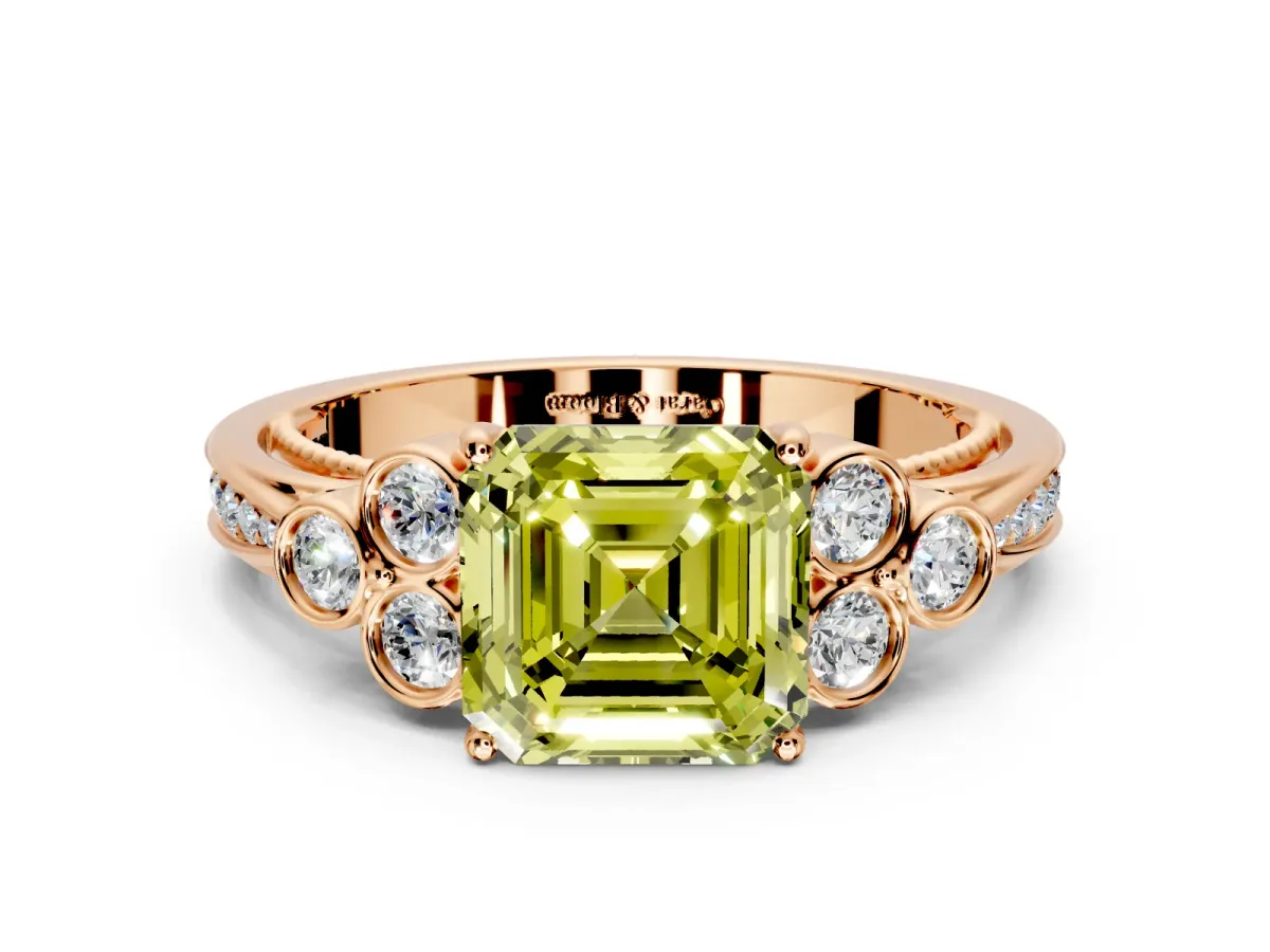 Cluster Engagement Ring Setting for Fancy Yellow Asscher Cut Center with Bezel Accent Clusters and Prong Head in Rose Gold