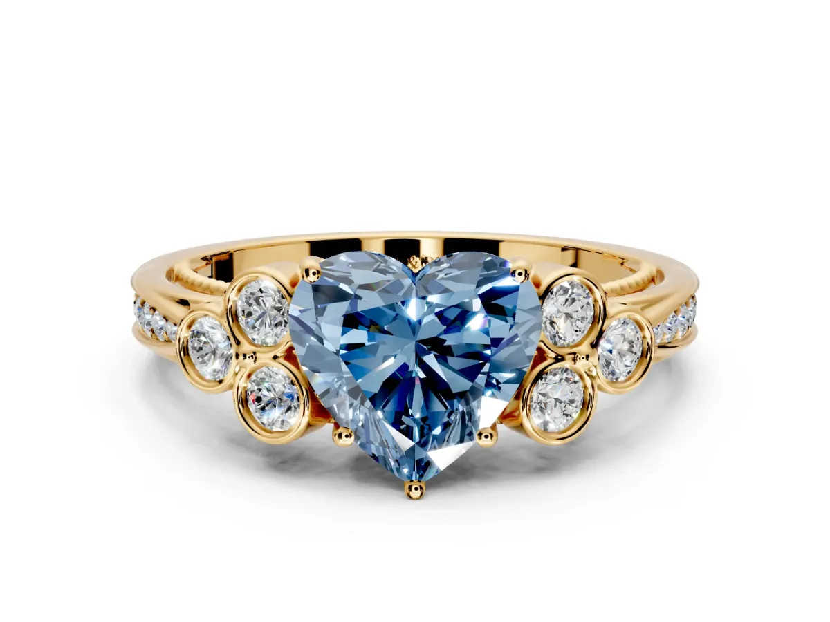 Cluster Engagement Ring Setting for Fancy Blue Heart-Shaped Center with Bezel Accent Clusters and Prong Head in Yellow Gold