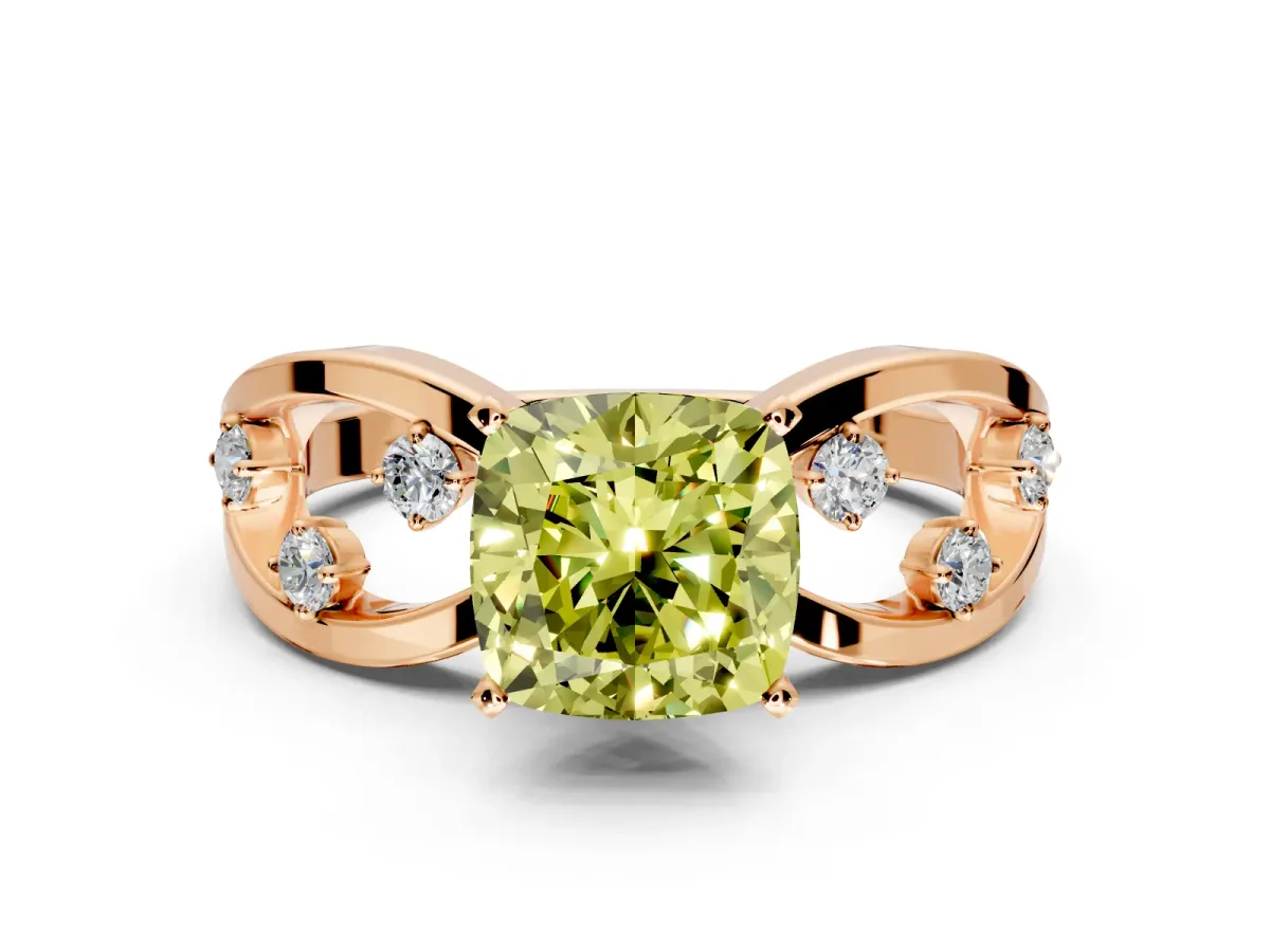 Solitaire Engagement Ring Setting for Fancy Yellow Cushion Cut Center with Criss-Cross Accent Band and Prong Head in Rose Gold