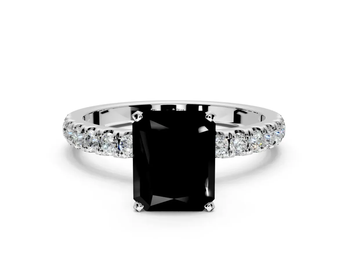 Open Basket Engagement Ring Setting for Fancy Black Radiant Cut Center with Pave Band and Prong Head in Sterling Silver