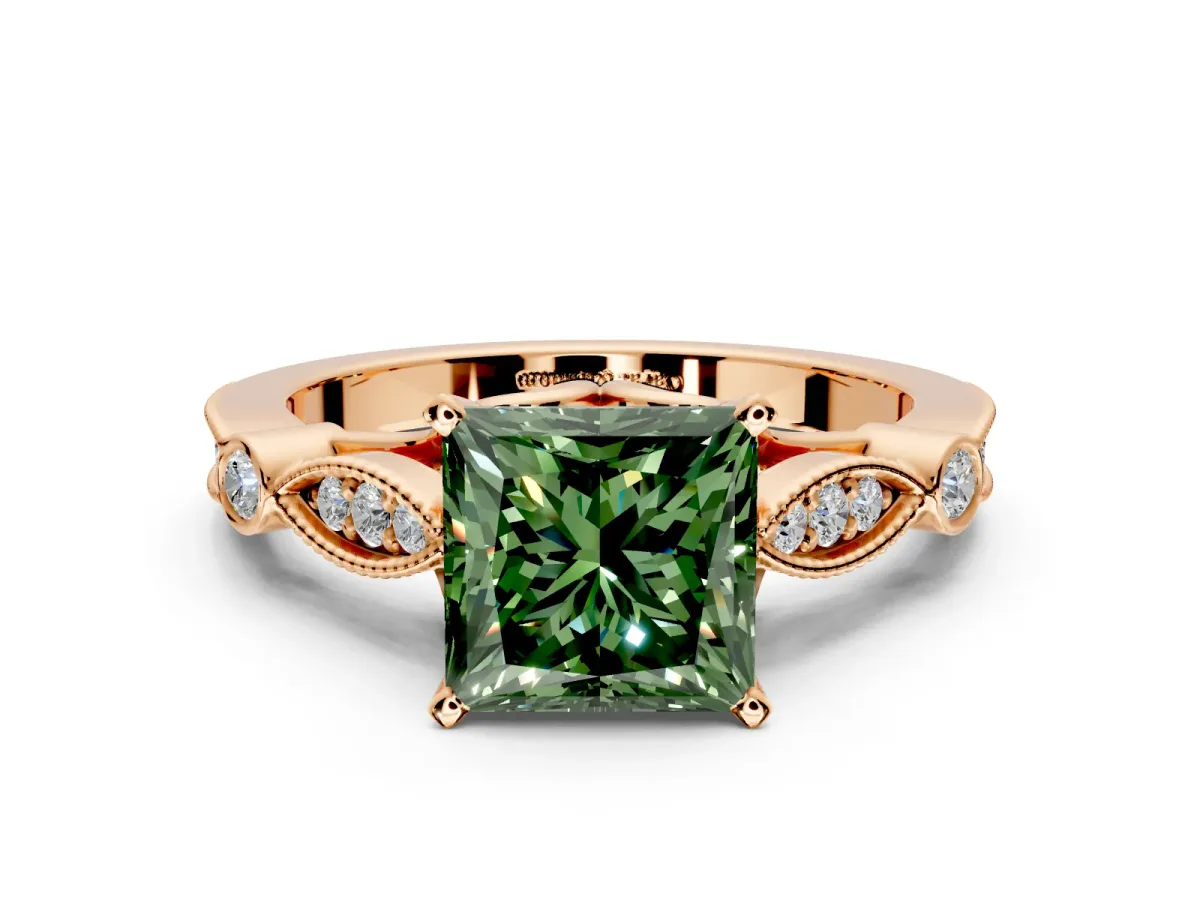 Solitaire Engagement Ring Setting for Fancy Green Princess Cut Center with Marquise and Bezel Accents and Prong Head in Rose Gold