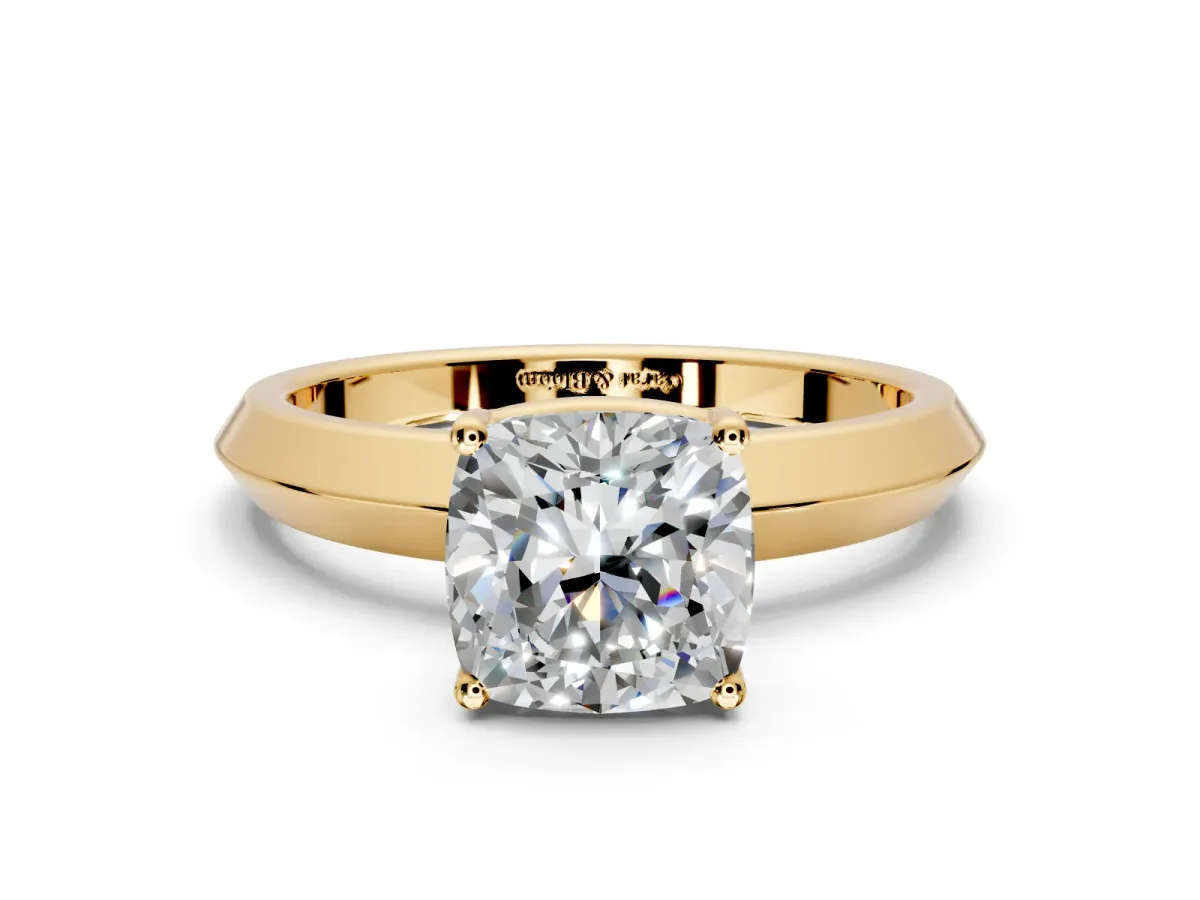 Solitaire Engagement Ring Setting for Cushion Cut Center with Wide Knife Ridge Band and Prong Head in Yellow Gold