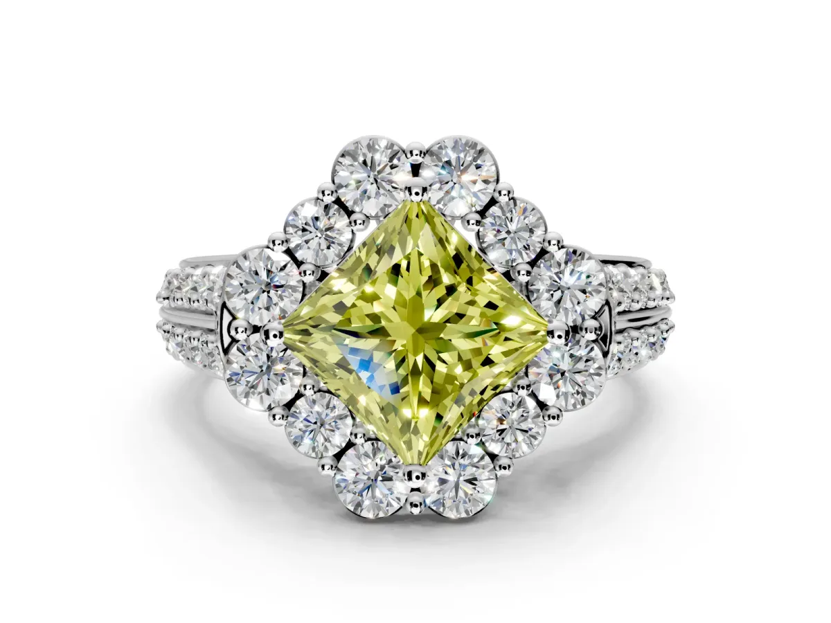 Large Accent Halo Engagement Ring Setting for Fancy Yellow Princess Cut Center with Pave Split Shank and Prong Head in Platinum