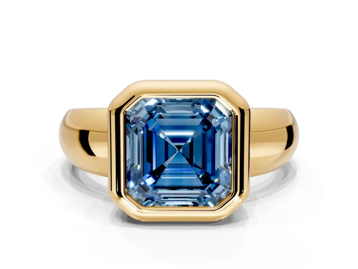 Solitaire Engagement Ring Setting for Fancy Blue Asscher Cut Center with Wide Band and Bezel Head in Yellow Gold
