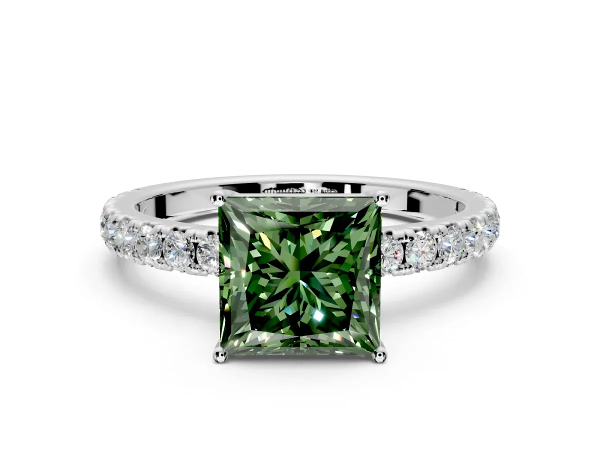 Solitaire Engagement Ring Setting for Fancy Green Princess Cut Center with Large Accent Band and Prong Head in Platinum