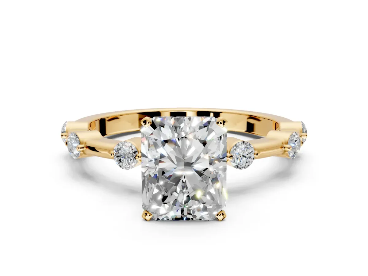 Solitaire Engagement Ring Setting for Radiant Cut Center with Bezel Station Band and Prong Head in Yellow Gold