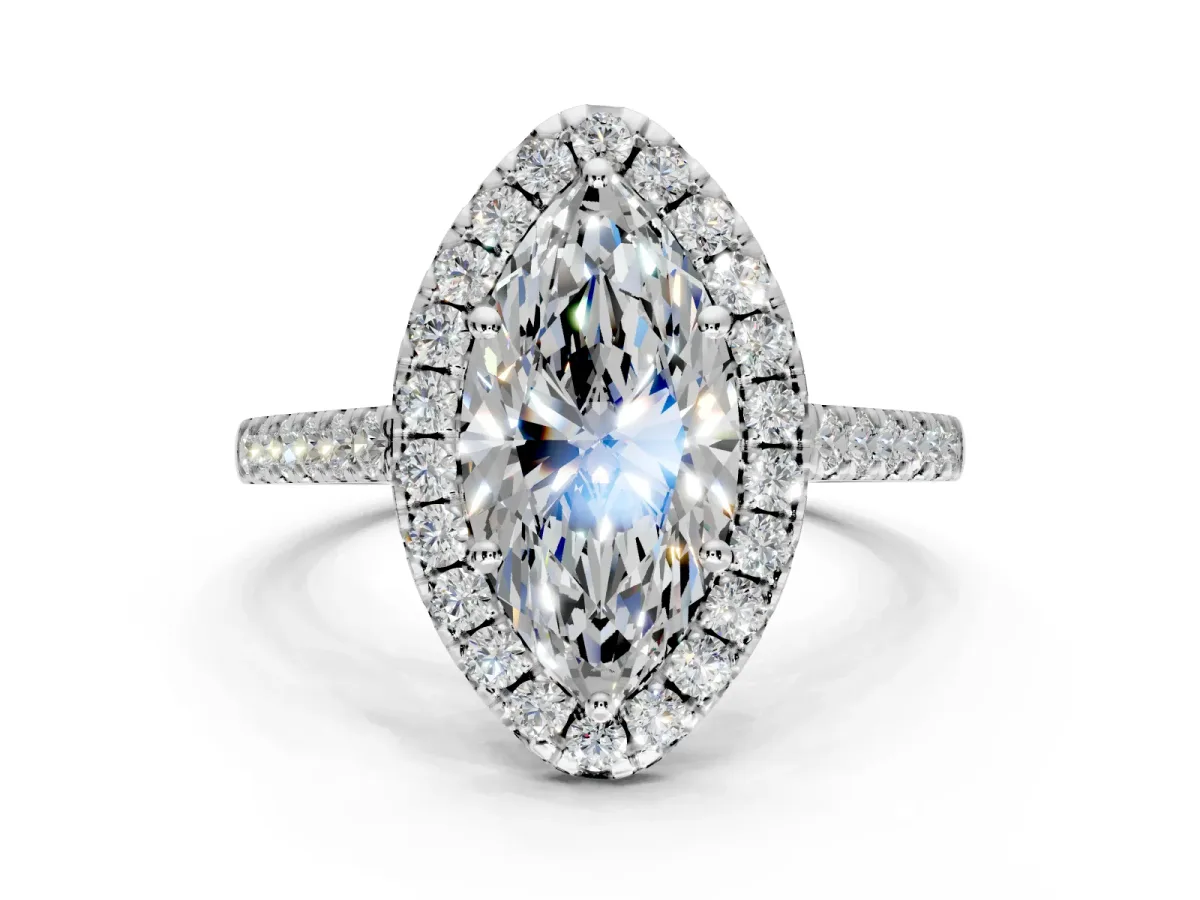 Halo Engagement Ring Setting for Marquise Center with Narrowing Pave Band and Prong Head in Platinum
