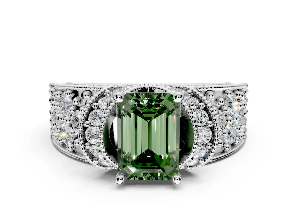 Pave Engagement Ring Setting for Fancy Green Emerald Cut Center with Curved Accent Rows, Openwork and Prong Head in Platinum