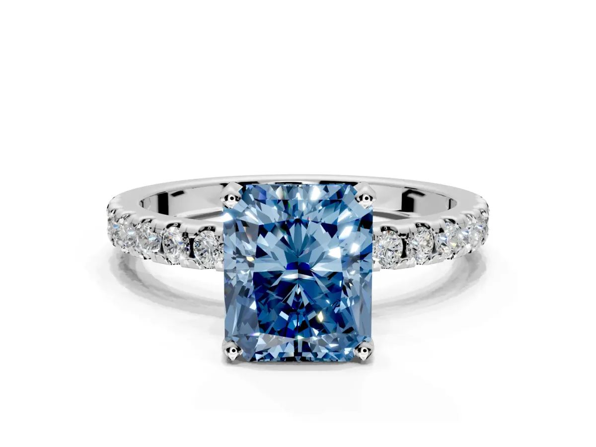Solitaire Engagement Ring Setting for Fancy Blue Radiant Cut Center with Band of Accents and Prong Head in Platinum