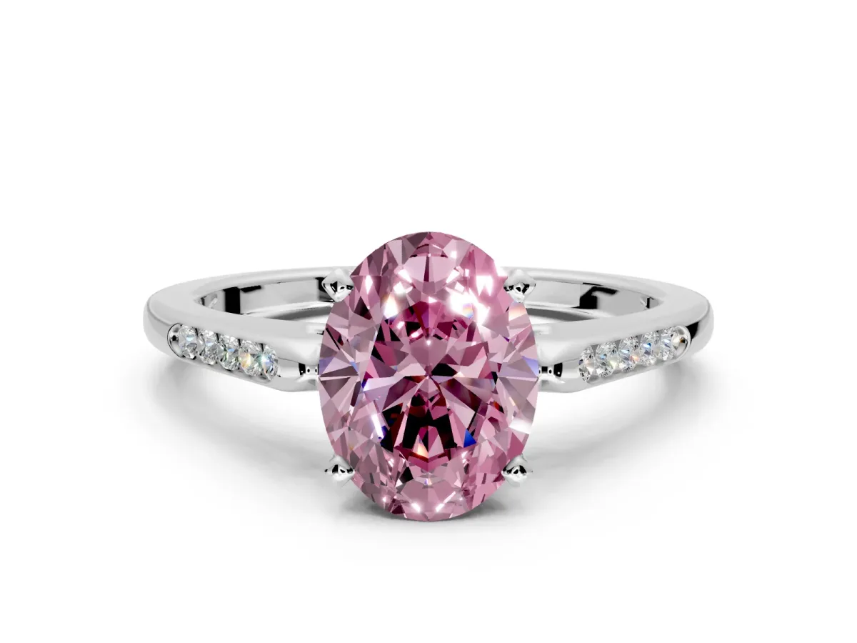 Solitaire Engagement Ring Setting for Fancy Pink Oval Center with Channel Accents and Prong Head in Sterling Silver
