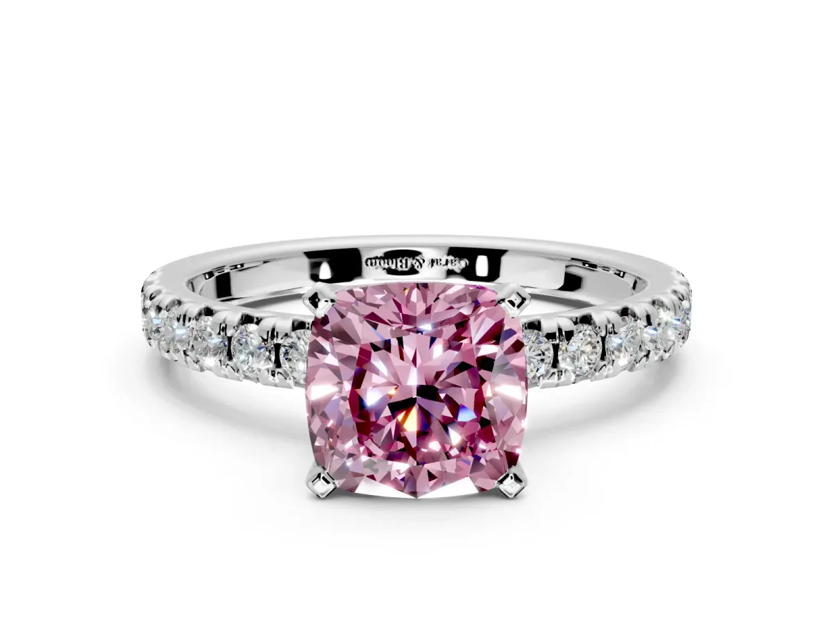 Solitaire Engagement Ring Setting for Fancy Pink Cushion Cut Center with Large Accents and Prong Head in White Gold