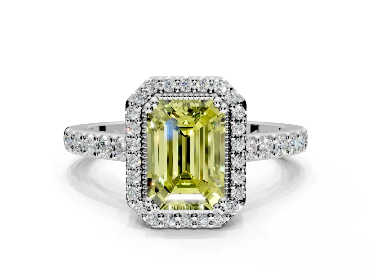 Halo Engagement Ring Setting for Fancy Yellow Emerald Cut Center with Inner Milgrain Border and Prong Head in Platinum