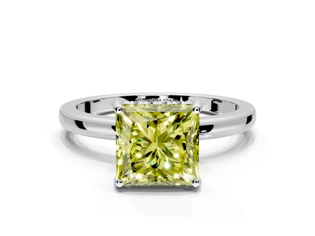 Solitaire Engagement Ring Setting for Fancy Yellow Princess Cut Center with Fine Wire Band and Prong Head in Platinum