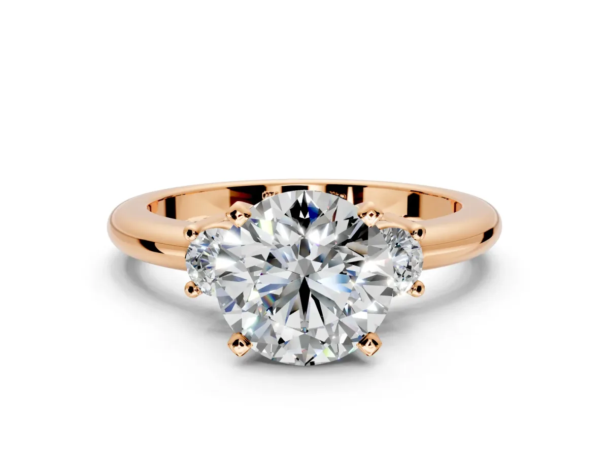 3 Stone Engagement Ring Setting for Round Cut Center with Wide Plain Band and Prong Head in Rose Gold
