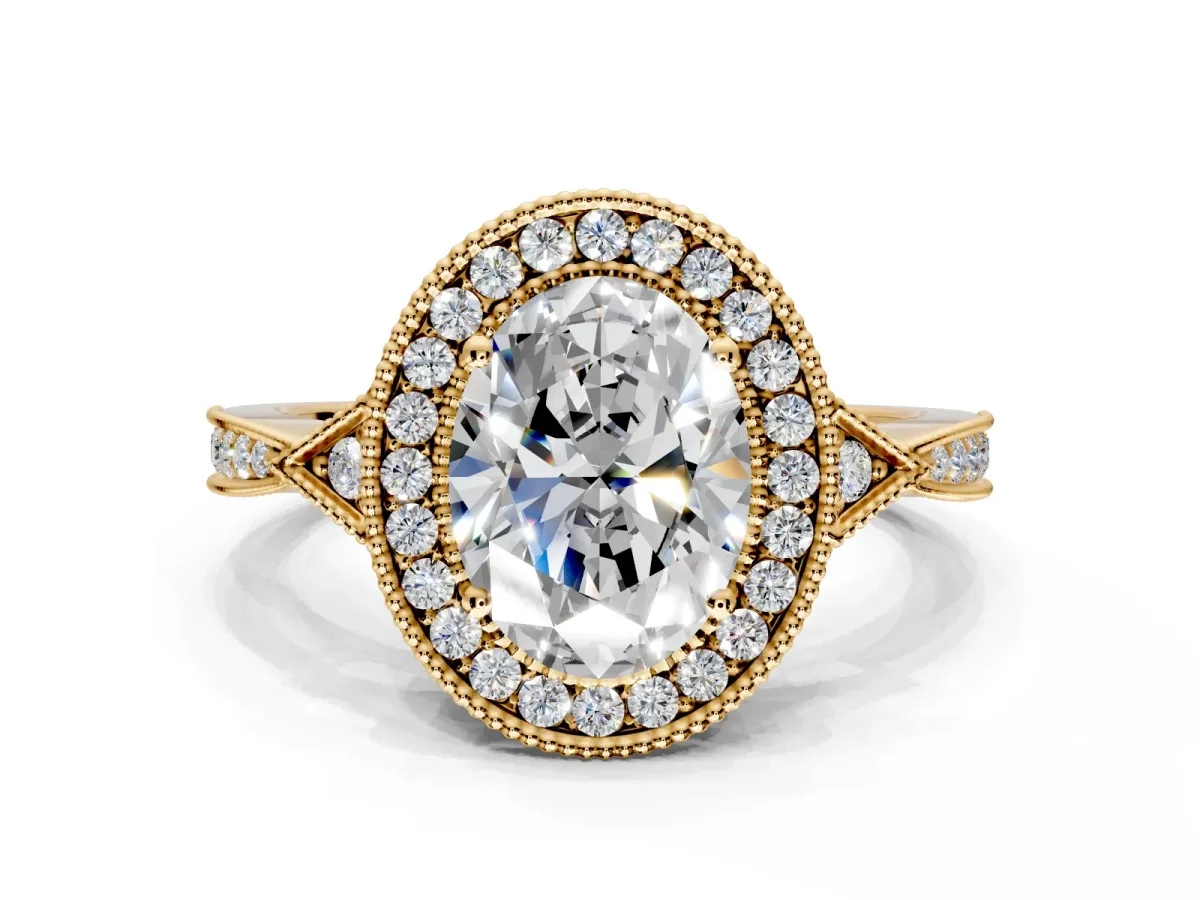 Halo Engagement Ring Setting for Oval Center with Milgrain Rim, Pave Band and Prong Head in Yellow Gold