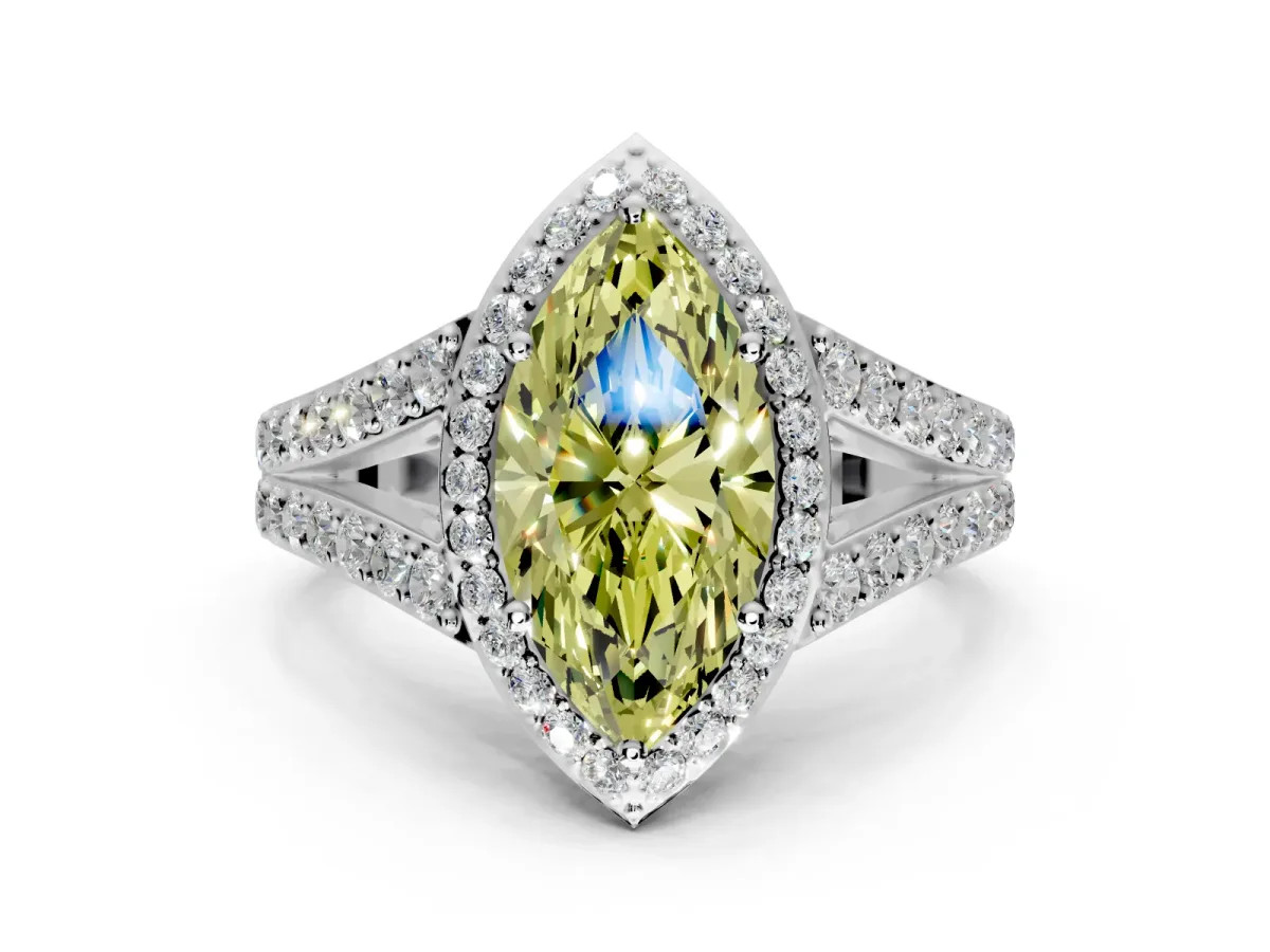 Halo Engagement Ring Setting for Fancy Yellow Marquise Center with Narrow Pave Split Shank and Prong Head in Sterling Silver