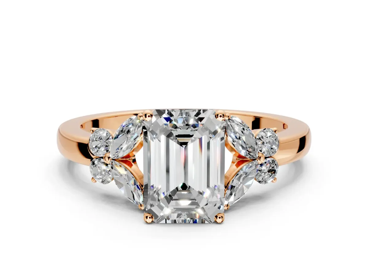 Solitaire Engagement Ring Setting for Emerald Cut Center with Marquise Flower Shoulders and Prong Head in Rose Gold