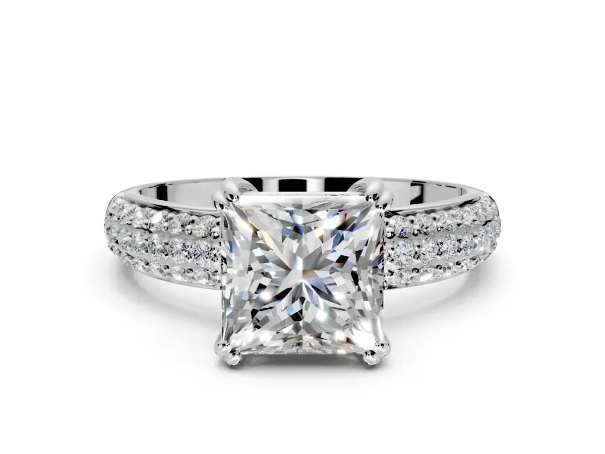 Solitaire Engagement Ring Setting for Princess Cut Center with Multi-Row Pave Accents and Basket Head in White Gold