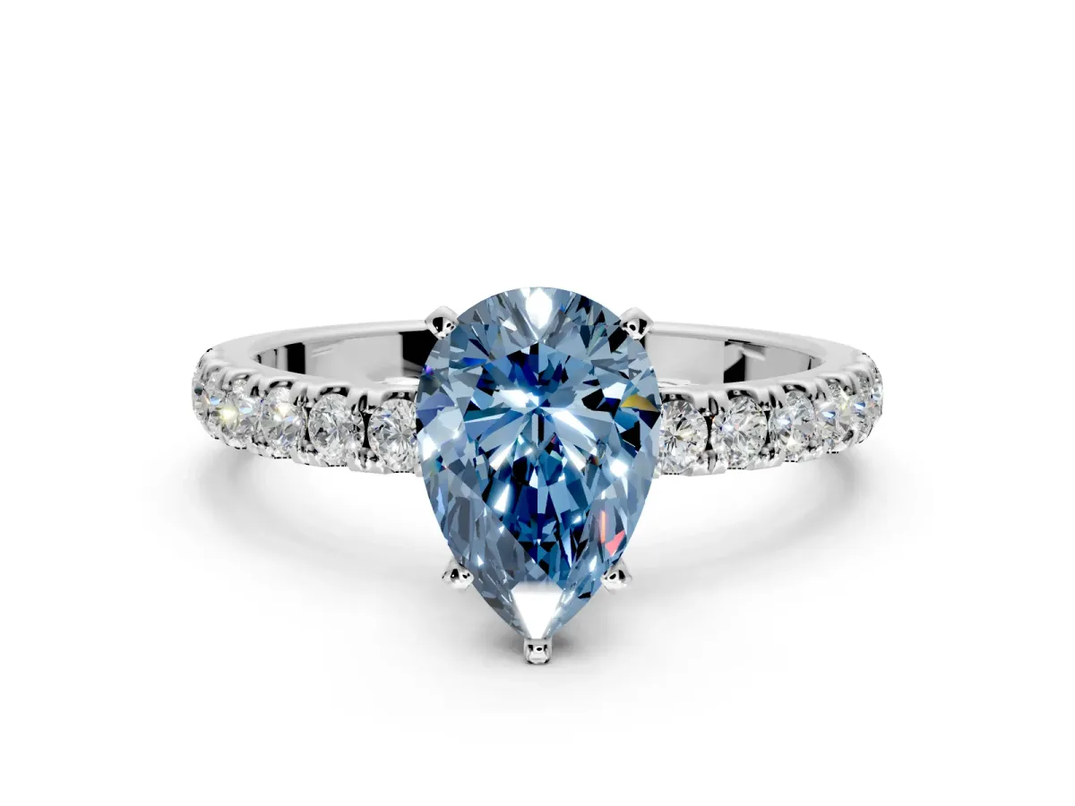 Open Basket Engagement Ring Setting for Fancy Blue Pear-Shaped Center with Pave Band and Prong Head in Sterling Silver