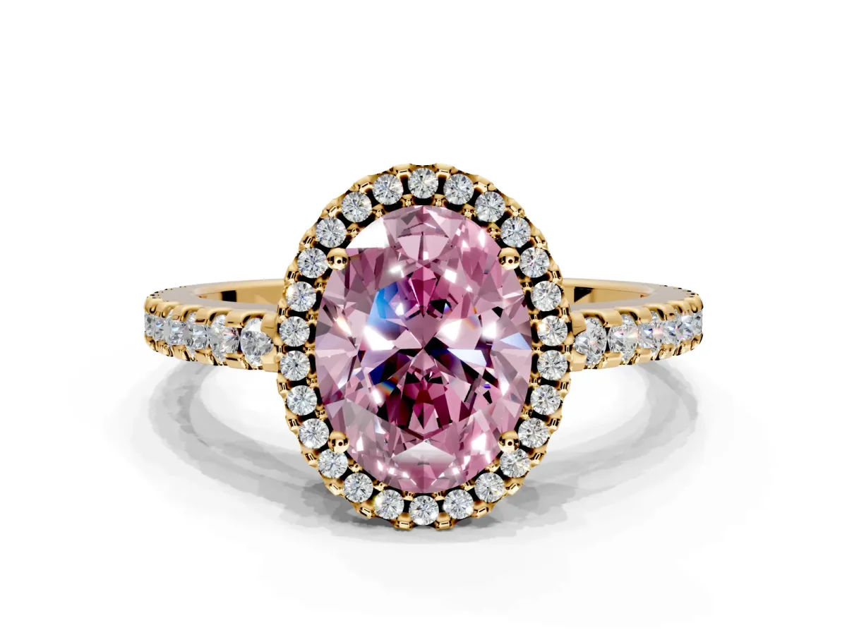 Accent Halo Engagement Ring Setting for Fancy Pink Oval Center with Full-Length Pave Band and Prong Head in Yellow Gold