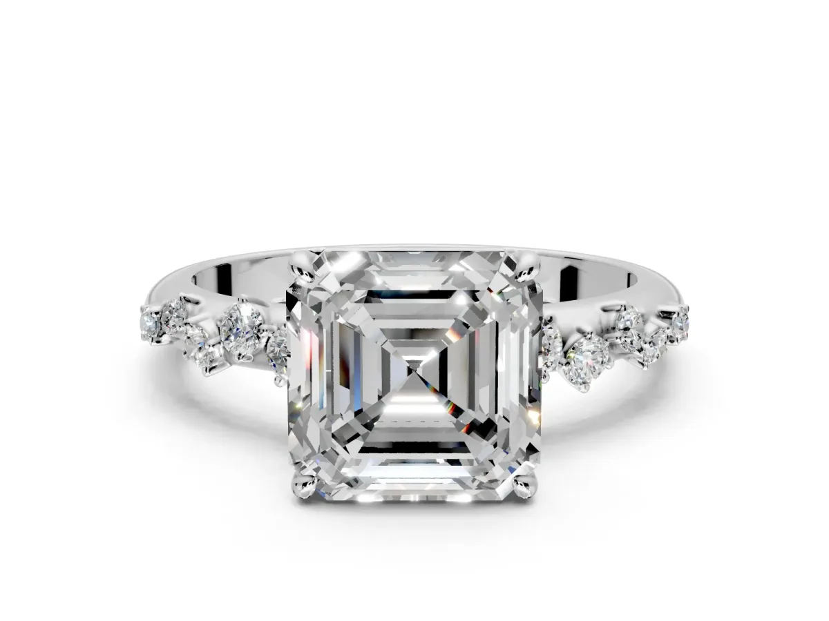 Cluster Engagement Ring Setting for Asscher Cut Center with Round Cut Accent Band and Prong Head in Platinum