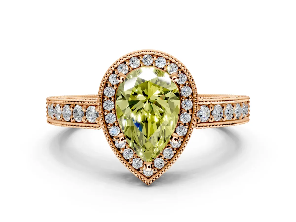 Milgrain Halo Engagement Ring Setting for Fancy Yellow Pear-Shaped Center with Wide Pave Band and Prong Head in Rose Gold