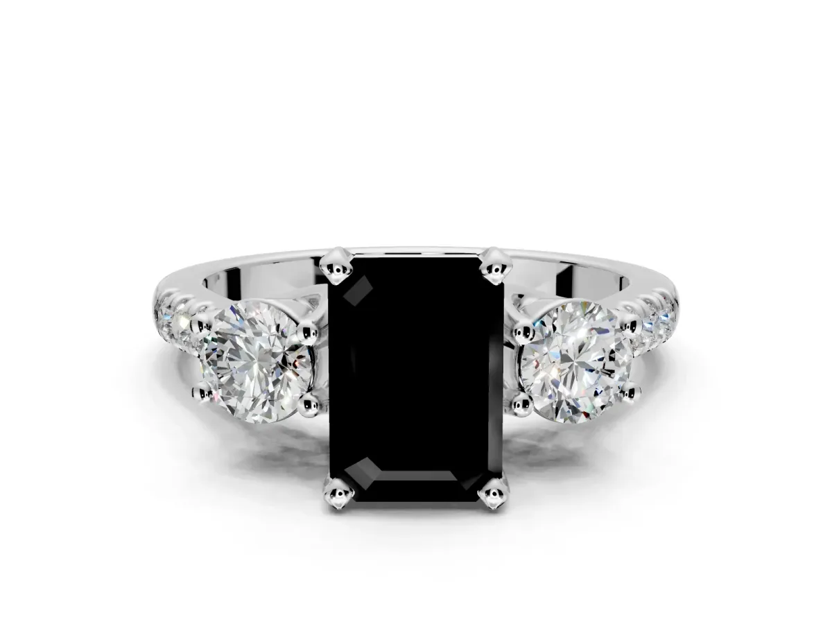 3 Stone Engagement Ring Setting for Fancy Black Emerald Cut Center with Crossover Basket, Pave Band and Prong Head in Platinum