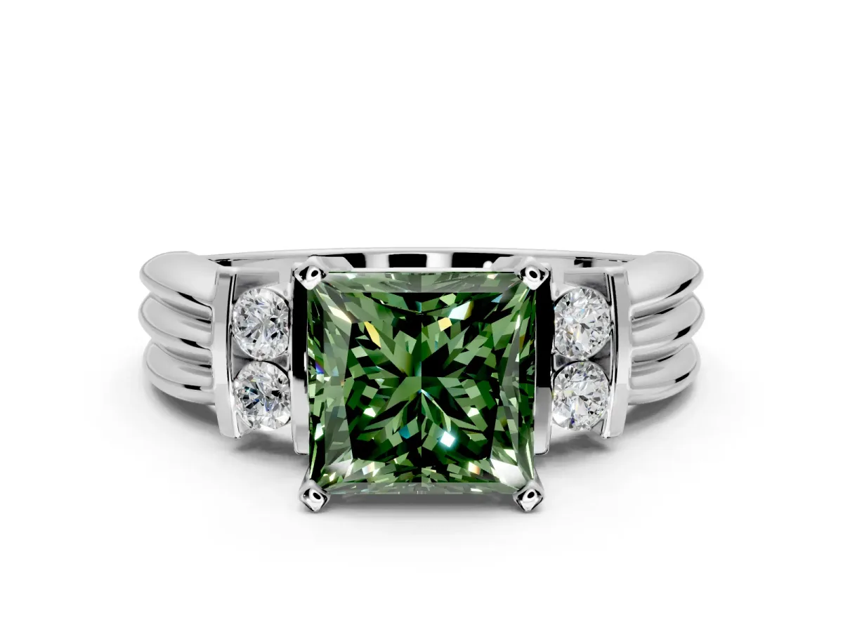 Solitaire Engagement Ring Setting for Fancy Green Princess Cut Center with Grooved Bar Accent Band and Prong Head in White Gold