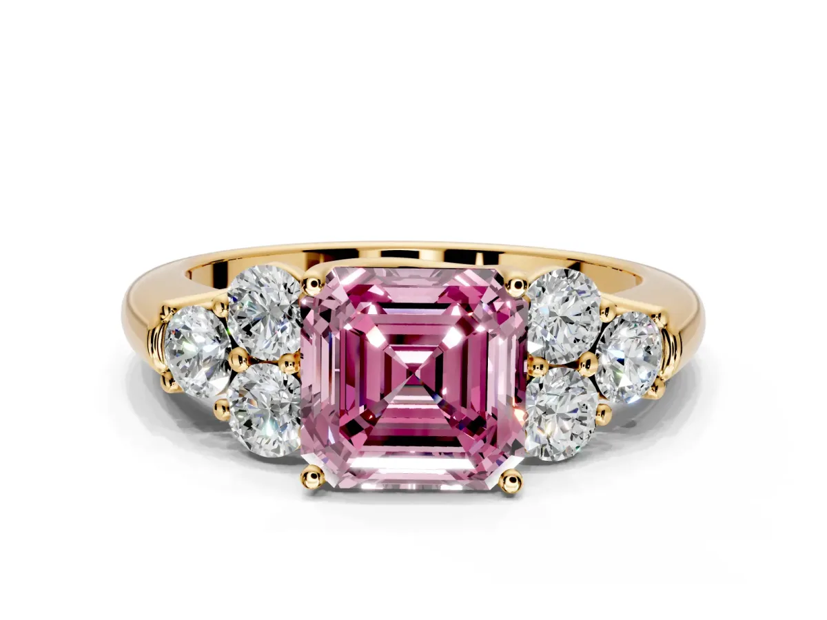 Cluster Engagement Ring Setting for Fancy Pink Asscher Cut Center with Round Cut Accent Frame and Prong Head in Yellow Gold
