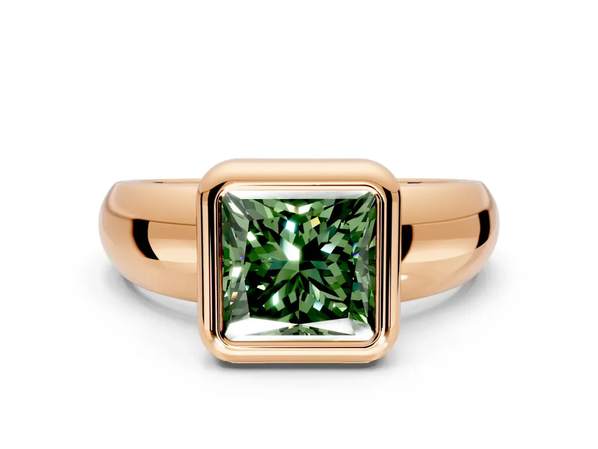 Solitaire Engagement Ring Setting for Fancy Green Princess Cut Center with Wide Band and Bezel Head in Rose Gold