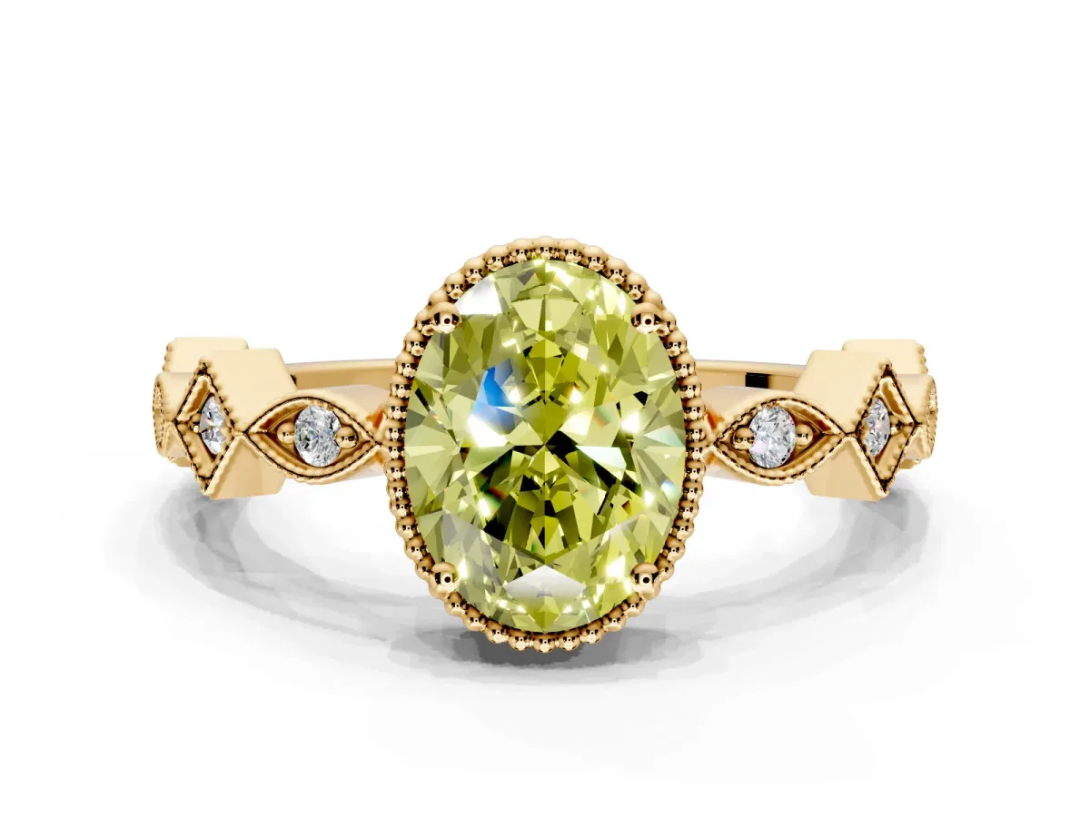 Milgrain Bezel Engagement Ring Setting for Fancy Yellow Oval Center with Marquise Stations and Bezel Head in Yellow Gold