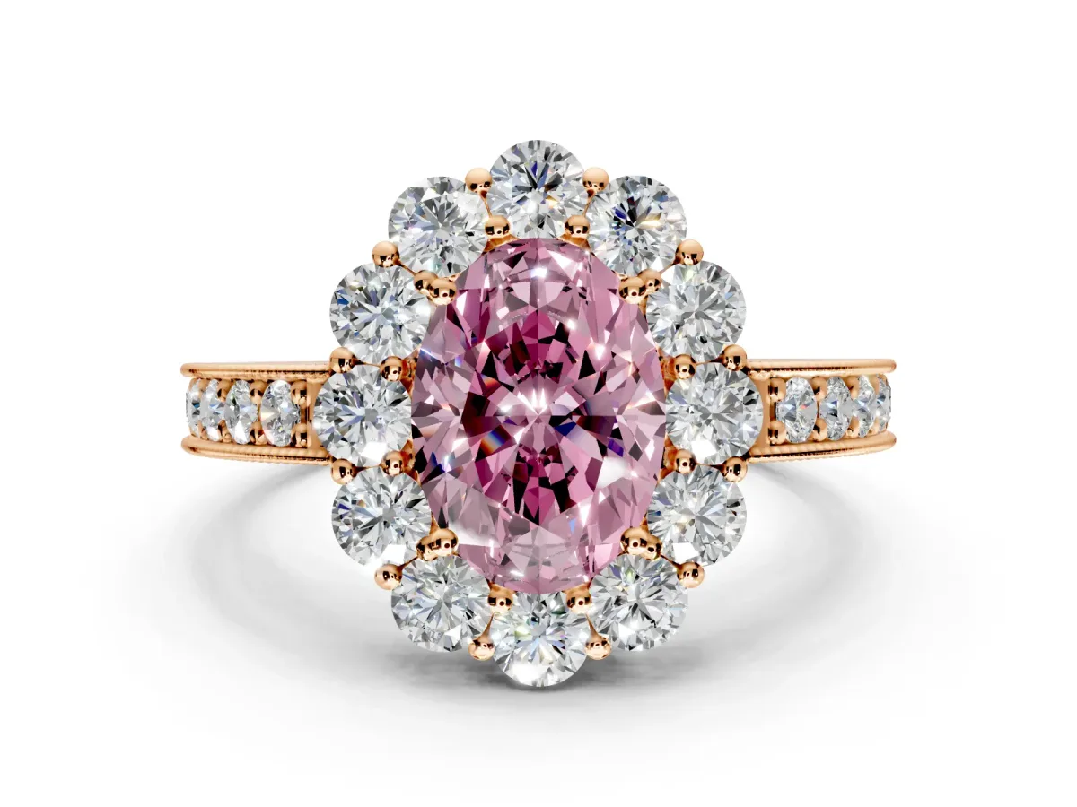 Halo Engagement Ring Setting for Fancy Pink Oval Center with Milgrain Channel Band and Prong Head in Rose Gold