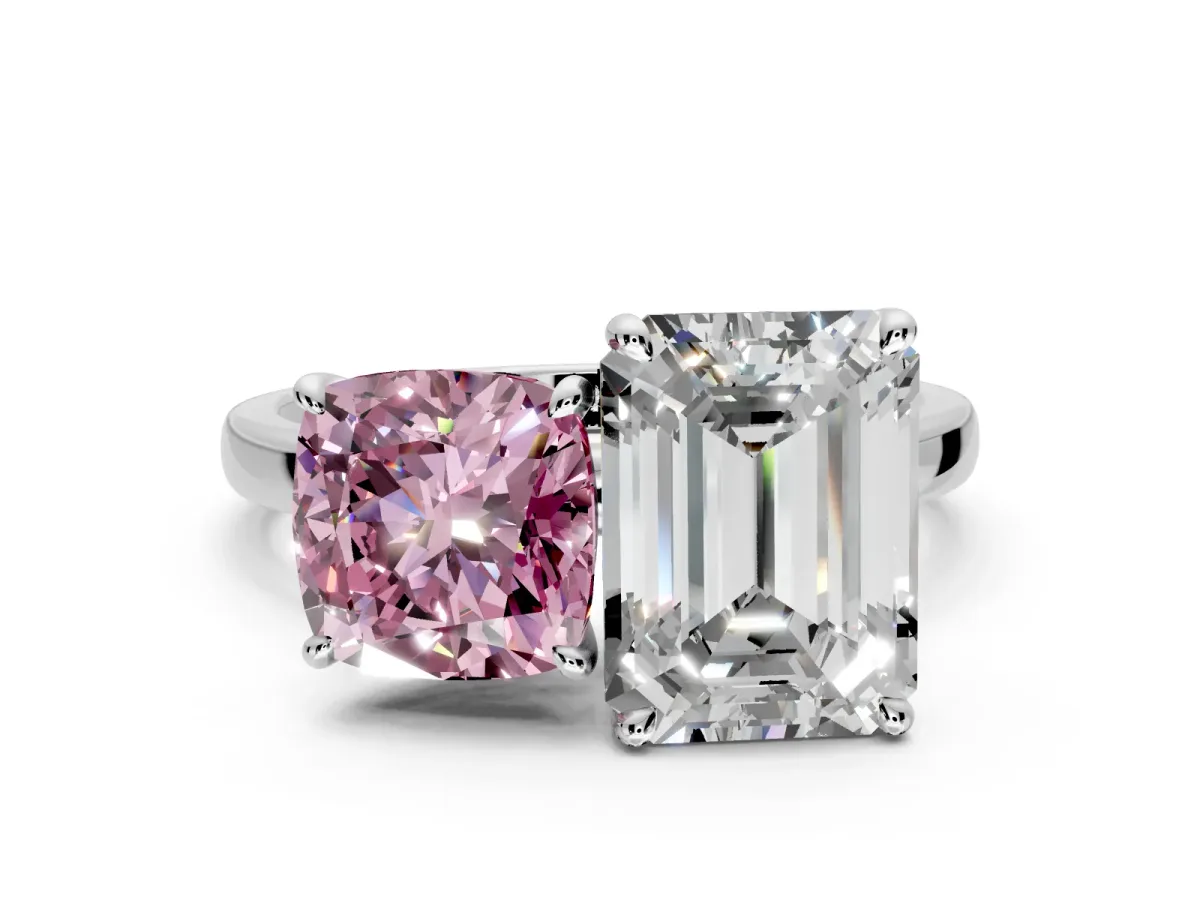 Fancy Pink Cushion Cut and Emerald Cut Lab-Grown Diamond Toi et Moi Engagement Ring with Prong-Set Stones in Platinum