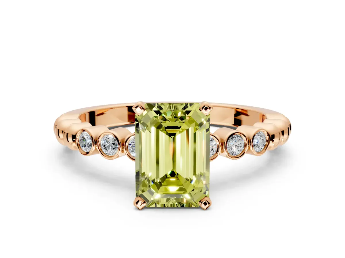 Solitaire Engagement Ring Setting for Fancy Yellow Emerald Cut Center with Bezel-Dot Beaded Band and Prong Head in Rose Gold