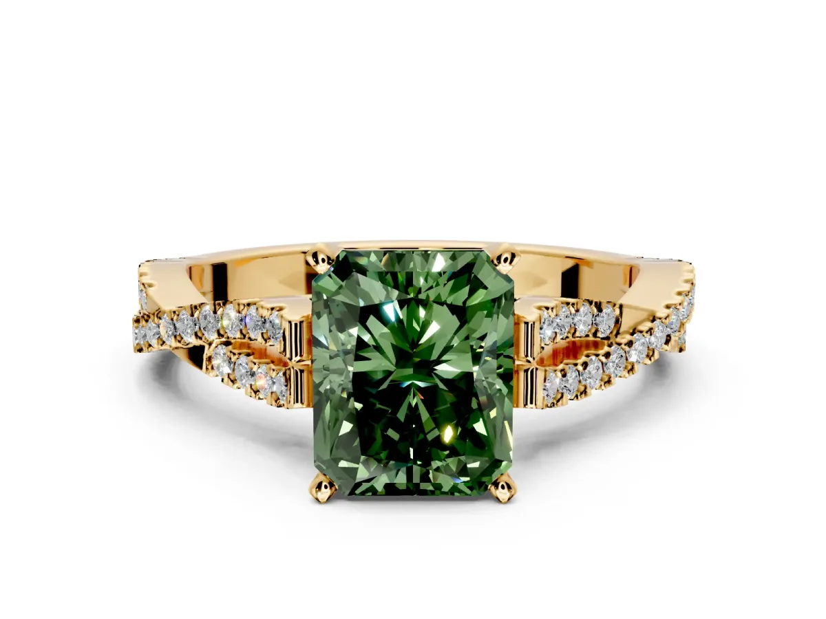 Solitaire Engagement Ring Setting for Fancy Green Radiant Cut Center with Twisted Pave Split Shank and Prong Head in Yellow Gold