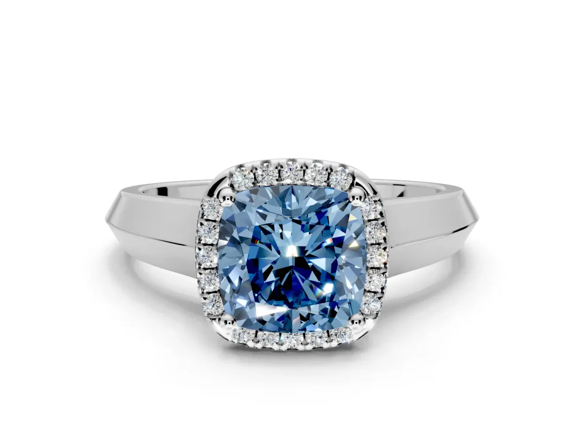 Halo Engagement Ring Setting for Fancy Blue Cushion Cut Center with Knife Ridge Cathedral Band and Prong Head in Platinum
