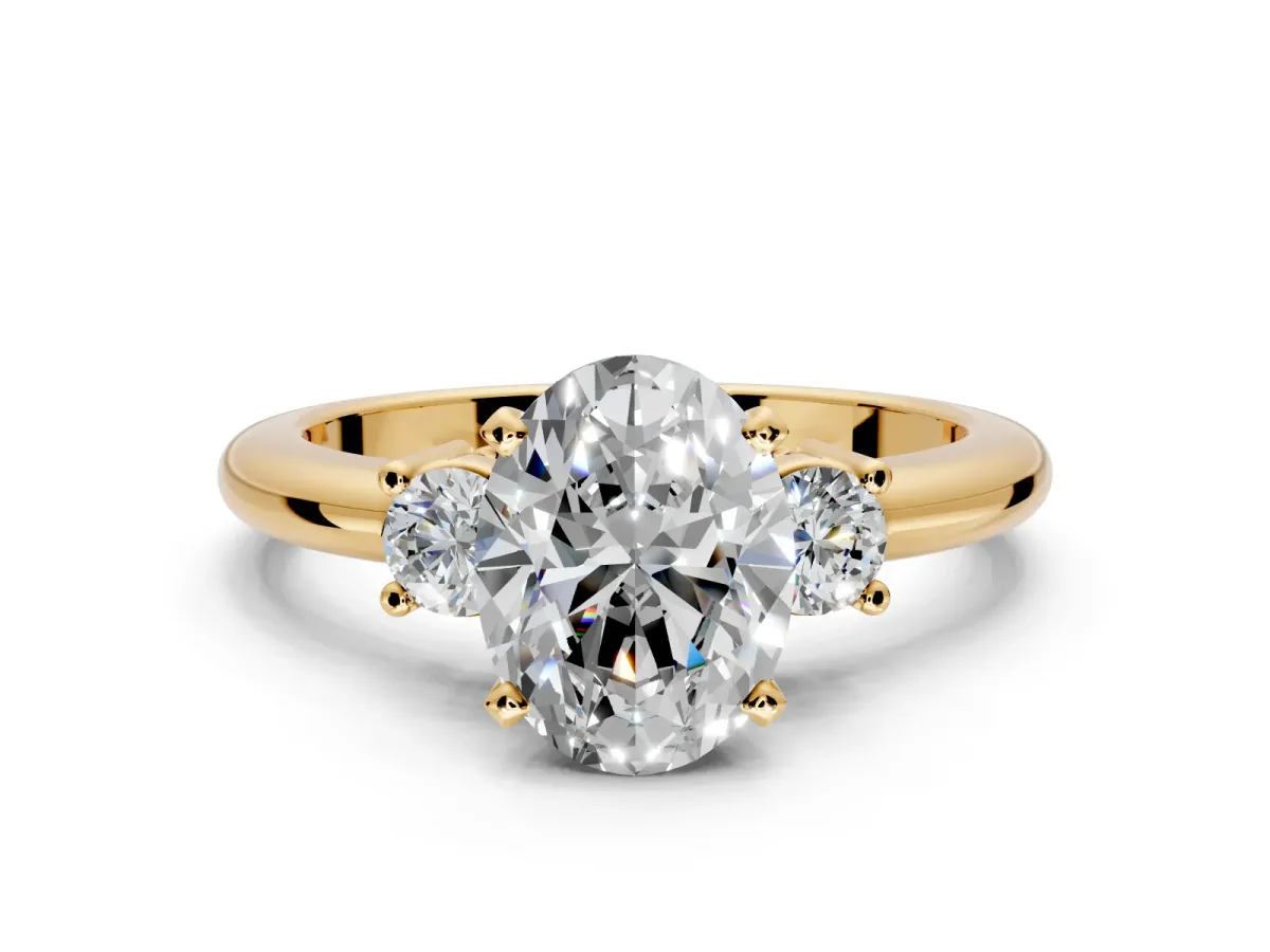3 Stone Engagement Ring Setting for Oval Center with Wide Plain Band and Prong Head in Yellow Gold
