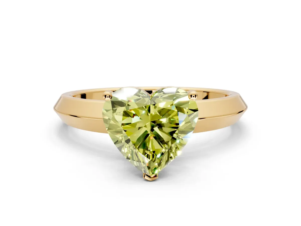Solitaire Engagement Ring Setting for Fancy Yellow Heart-Shaped Center with Wide Knife Ridge Band and Prong Head in Yellow Gold