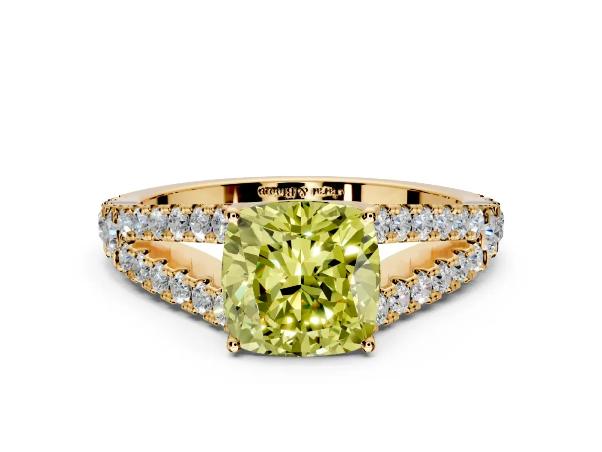 Solitaire Engagement Ring Setting for Fancy Yellow Cushion Cut Center with Pave Split Shank and Prong Head in Yellow Gold