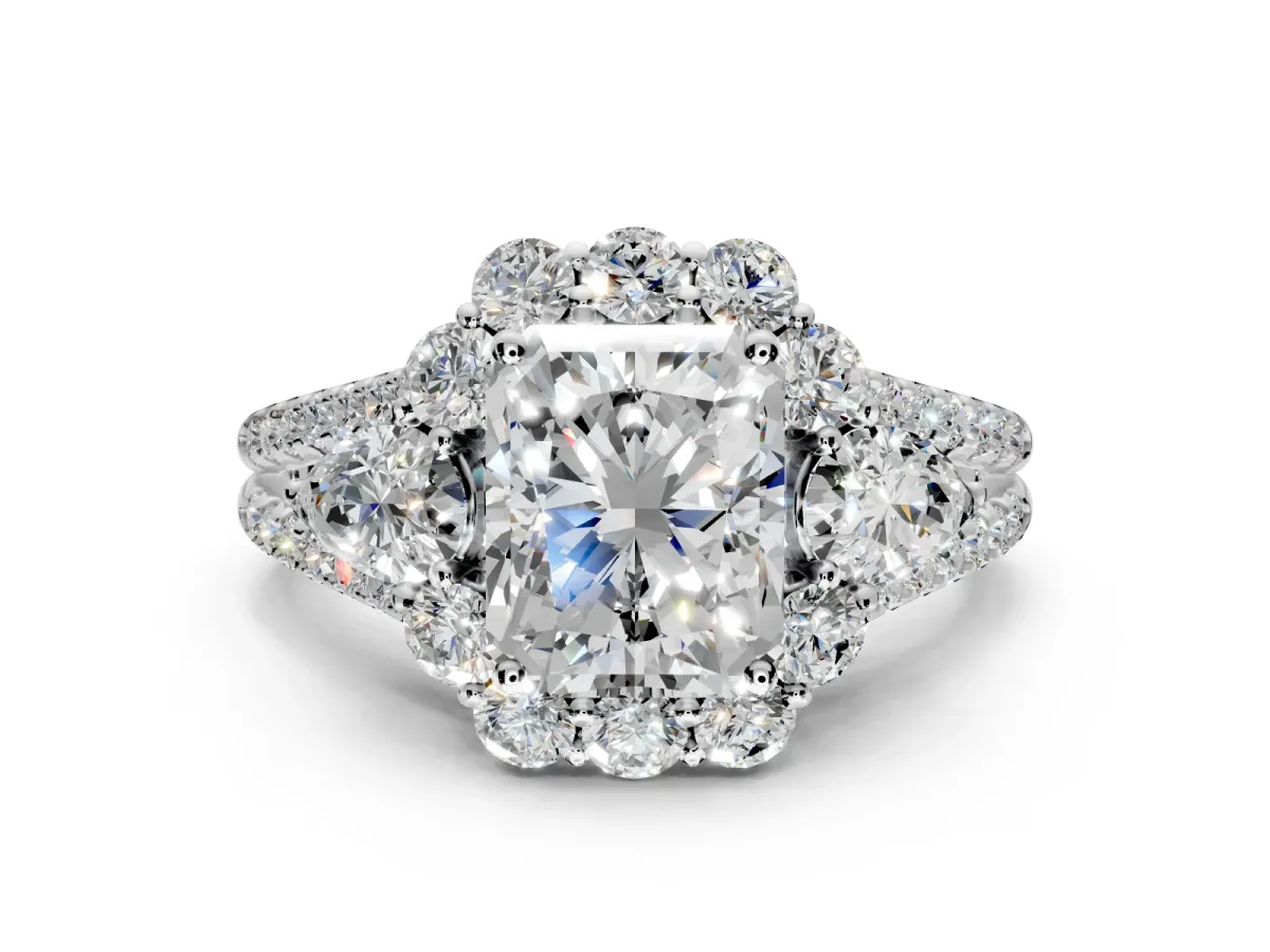 Halo Engagement Ring Setting for Radiant Cut Center with Two-Strand Split Shank and Prong Head in Platinum