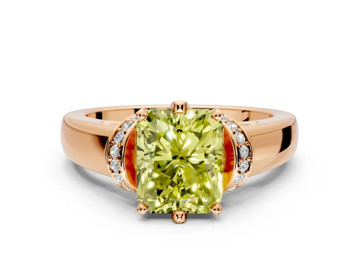 Solitaire Engagement Ring Setting for Fancy Yellow Radiant Cut Center with Wide Band, Pave Collar and Prong Head in Rose Gold