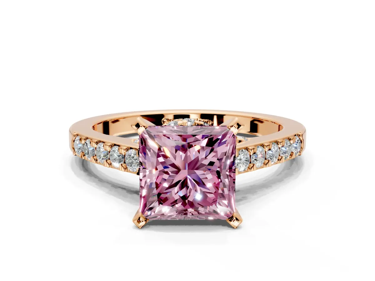 Solitaire Engagement Ring Setting for Fancy Pink Princess Cut Center with Crossover Accents and Prong Head in Rose Gold