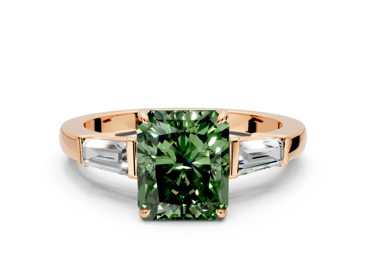 3 Stone Engagement Ring Setting for Fancy Green Radiant Cut Center with Baguette Accents and Prong Head in Rose Gold
